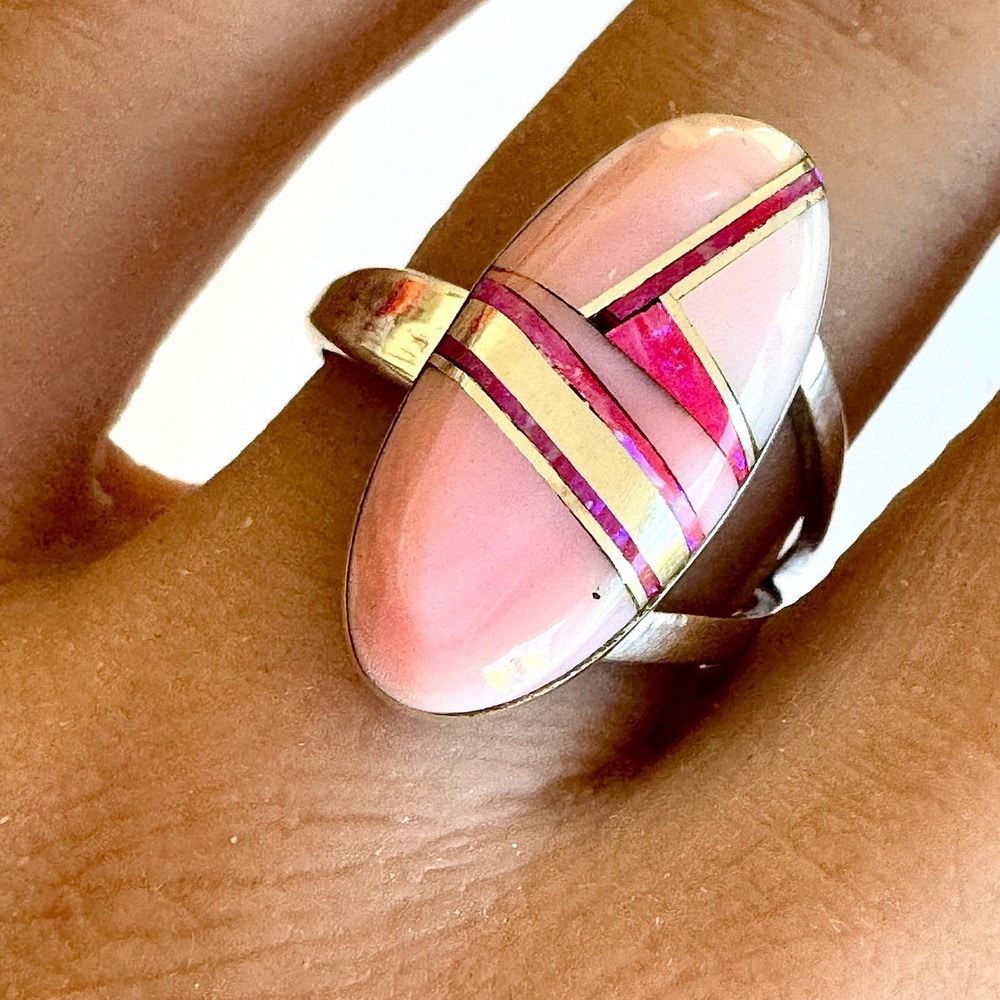 Navajo Ring Sz 7 Pink Conch Inlay Signed Orville White Sterling Native Amer Adj